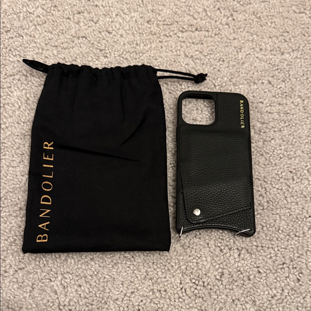 Bandolier Black Leather Phone Case with Gold Accents